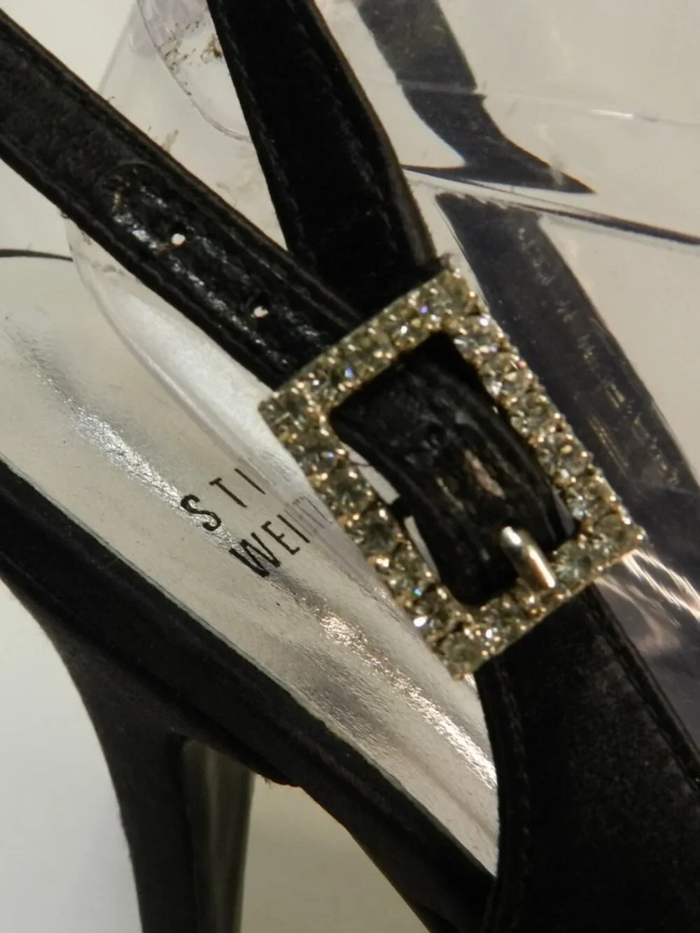 Stuart Weitzman Satin Leather Crystal Buckle black slingback peep toe heels 9.5